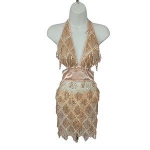 L'VOW Women's Glitter Sexy Deep V Neck Sequin Beaded, Champagne, Size M NWT